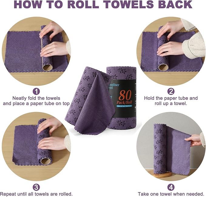 Microfiber Cleaning Cloth Roll,80 Pack Cleaning Towels,Lint Free Rags Paper Towels & Tear Away Reusable Towels,Washable Shop Rags Floral Wipe Cloth,Wash Cloths Dish Rags for Car Kitchen Window