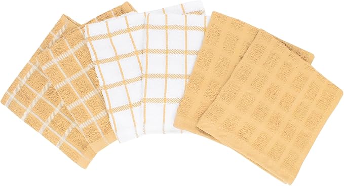 Ritz Premium 100% Cotton Terry Check Kitchen Dish Cloths - Highly Absorbent, Super Soft, Long-Lasting, 12"x12", 6-Pack, Straw