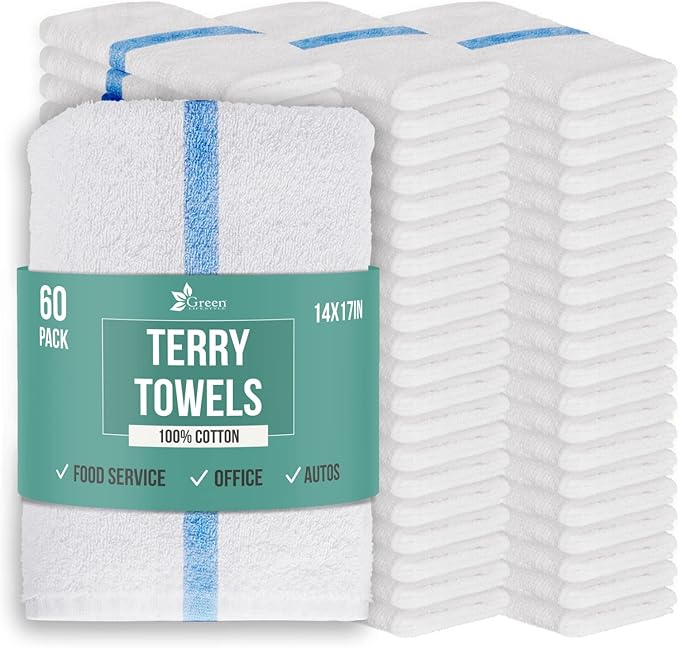 GREEN LIFESTYLE Terry Towels 14" x 17" 60 Pack - Cotton Bar Towels, Cleaning Rags, Absorbent Terry Cloth Kitchen Towels for Restaurant, Food Service and Home Use (White with Blue Stripe)