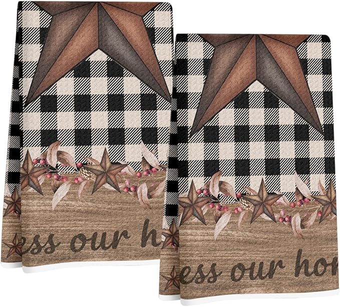 Jztco 2 Pcs Western Kitchen Towels, Western Texas Star Reusable Hand Tea Towel, Microfiber Dish Cloths for Drying Dishes, Waffle Dish Towels for Bathroom Kitchen Decor, Star Gifts for Women Mom