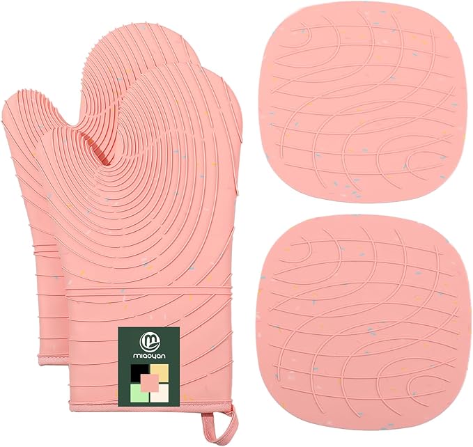 4 Pieces Oven Mitts of Macaron Color Thickened Non-Slip Silicone Kitchen Gloves, Heat Resistant up to 750F, Essential for Kitchen Baking (Pink)