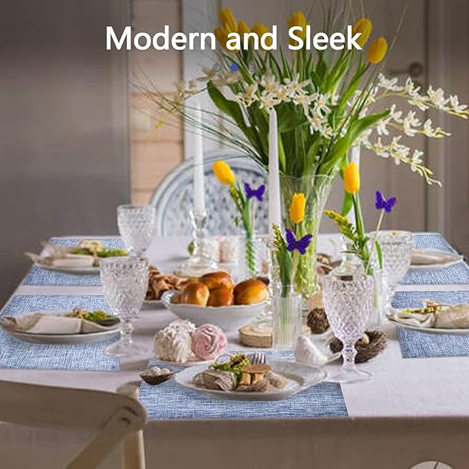 DACHUI Placemats Set of 4, Linen Look Woven Place Mats, Water Resistant, Heat Resistant, Washable, Durable Table Mats (Blue)