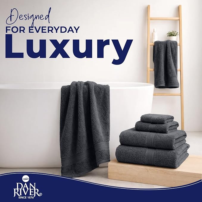 DAN RIVER 8 PC Luxury Bath Towels for Bathroom, 2 Bath, 2 Hand, and 4 Wash Cloths, 600 GSM 100% Ring Spun Cotton Towel Set, Highly Absorbent, Gym, Hotel, and Spa, Dark Gray