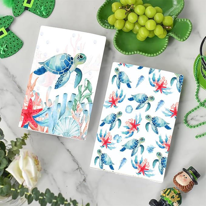 Sea Turtle Ocean Kitchen Towels 2 Pcs Decorative Hand Towel Absorbent with Hanging Loop 16”X 24”
