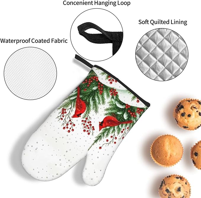 Red Cardinal Christmas Pot Holders and Oven Mitts Set, Christmas Holiday Oven Gloves Hot Pads for Baking Cooking Grilling BBQ, Cardinal Holiday Decor & Gifts for Women Baker Chef ﻿