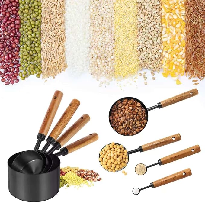 Black Measuring Cups and Spoons Set,8 Piece Stainless Steel Measuring Cup with Wood Handles for Cooking and Baking in the Kitchen