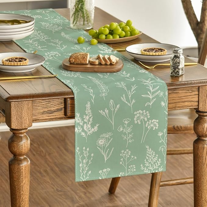 Artoid Mode Sage Green Leaves Flowers Spring Table Runner, Seasonal Kitchen Dining Table Decoration for Home Party Decor 13x72 Inch
