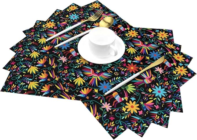 Mexican Folk Art Linen Placemats Set of 4, 12" x 18" Heat Resistant Washable Cute Kitchen Place Mats for Dining Table Fiesta Party FarmhouseCoffee Shop, Boho Home Decor & Gift for Cultural Art Lovers