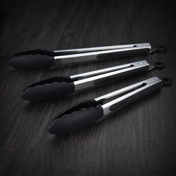 3 Pack Black Kitchen Tongs, Premium Silicone BPA Free Non-Stick Stainless Steel BBQ Cooking Grilling Locking Food Tongs, 9-Inch 10-Inch & 12-Inch