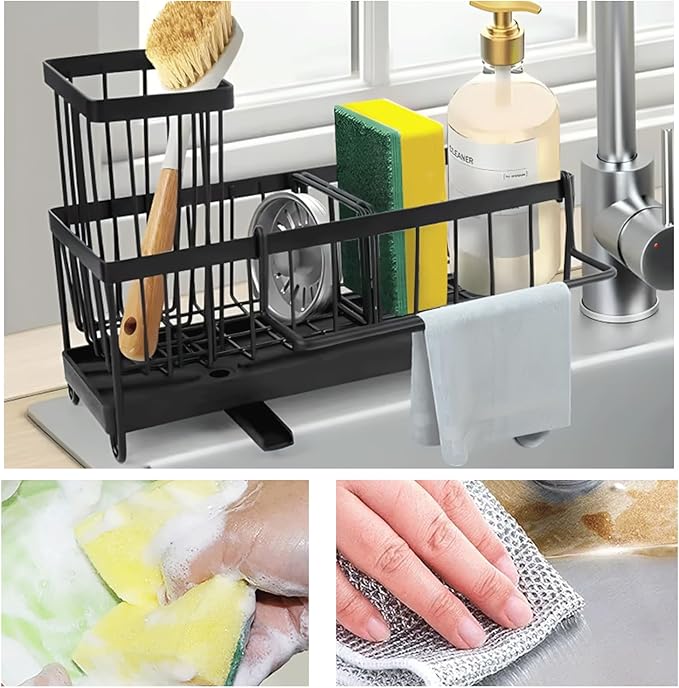 5 in 1 Sponge Holder for Kitchen Sink, Rustproof Stainless Steel Sink Caddy with Washing Cloth & Adhesive Hooks, Kitchen Sink Organizer with High Brush Holder and Soap Holder for Kitchen Sink