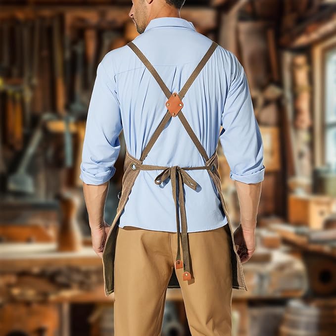 Canvas Work Apron,Cross Back Aprons for Men,Women,Cooking,Carpenter,Woodworking,Chef,BBQ,Grilling,Bartender