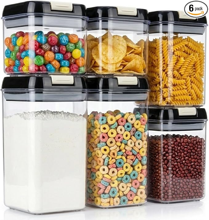 OMIO Airtight Kitchen Storage Containers (6-Pack) - Easy-Grip Pull Tab Lids, BPA-Free Plastic Canisters for Pantry, Countertop, Fridge – Organize Cereal, Grains, Flour, Sugar, Snacks & Candy