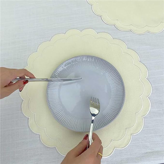 Linen Cotton Placemats Set of 4 Scalloped Flower Embroidery Place Mats 15'' Natural Linen Texture Fabric Machine Washable Table Mats for Restaurant Kitchen,Table Decor(Butter Yellow)