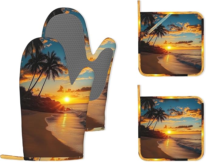 Tropical Palm Oven Mitts and Pot Holders (4PCS),Sunset Trees Sea Beach Heat Resistant Non-Slip Silicone Kitchen Gloves for Cooking, Baking, BBQ Waterproof Kitchen Accessories