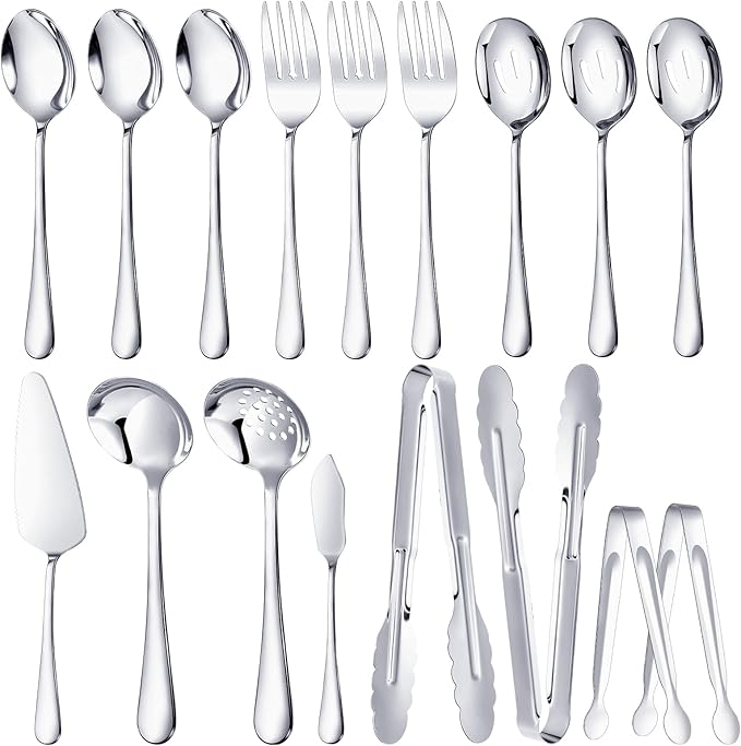 Mwellewm 17Pcs Serving Utensils, Silver Stainless Steel Serving Spoons, Slotted Spoon, Fork, Tongs, Cake Pie Server, Soup Spoon Metal Buffet Banquet Cutlery Set for Parties Entertaining Catering