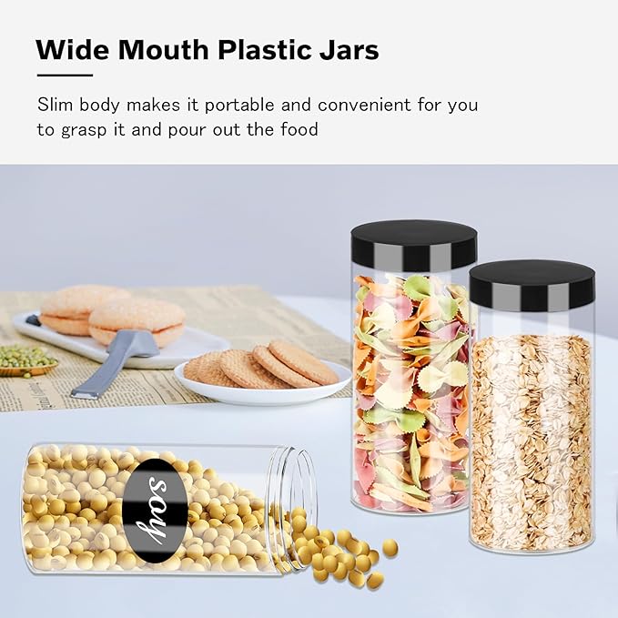 SLifeJars Plastic Jar with Lids 16oz Clear Empty Containers 16Pcs Straight Cylinders Storage Jars with Airtight Black Lid Stackable Refillable Round Plastic Jars for Kitchen Food & Home Storage