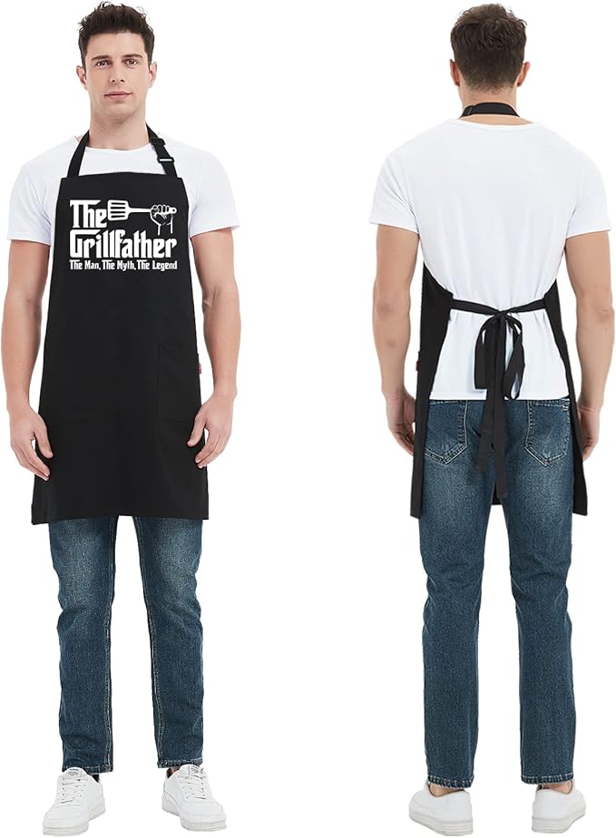 Kaidouma Grill Apron BBQ Aprons for Men Dad - The Grillfather - Funny Chef Cooking Grilling Apron for Dad with 2 Pockets and 40" Long Ties