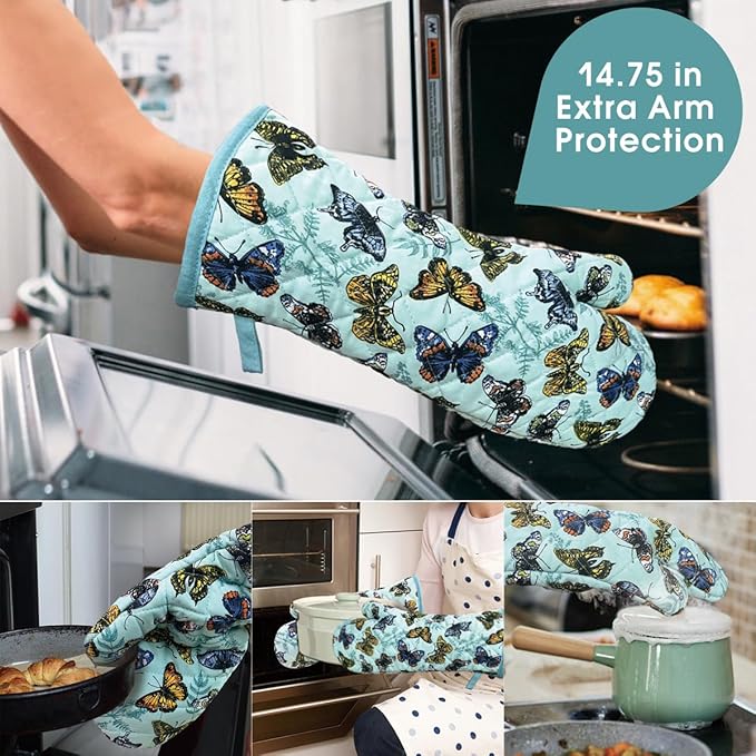 Oven Mitts Cotton Fashion Cute Butterfly Design 1pair Heat Resistant Oven Gloves Safe Cooking Baking Grilling Barbecue Machine Washable Pot Holders (Butterfly)
