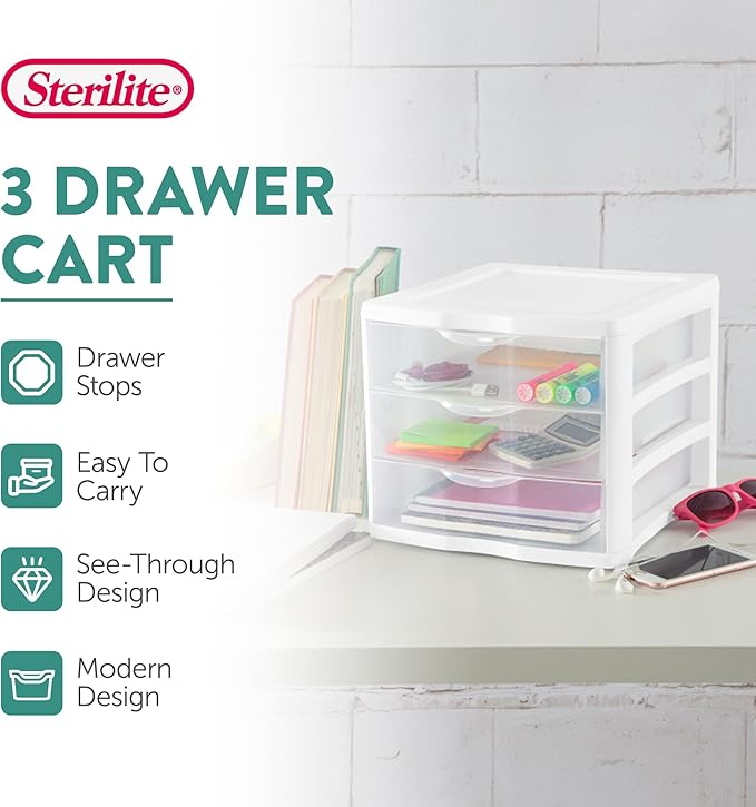 Sterilite 18-Pack ClearView 3-Drawer Cart, Small Plastic Storage Organizer Drawers, White - Organizing Drawer Containers for Bathroom, Closet, Kitchen, and Bedroom