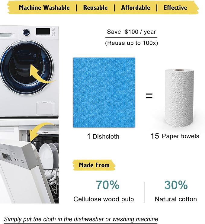 MoLKENE Swedish Dishcloths - 10 Pack Reusable Kitchen Dishcloths - Ultra Absorbent Dish Towels for Washing Dishes - Cellulose Sponge Cloth Cleaning Cloths - Blue