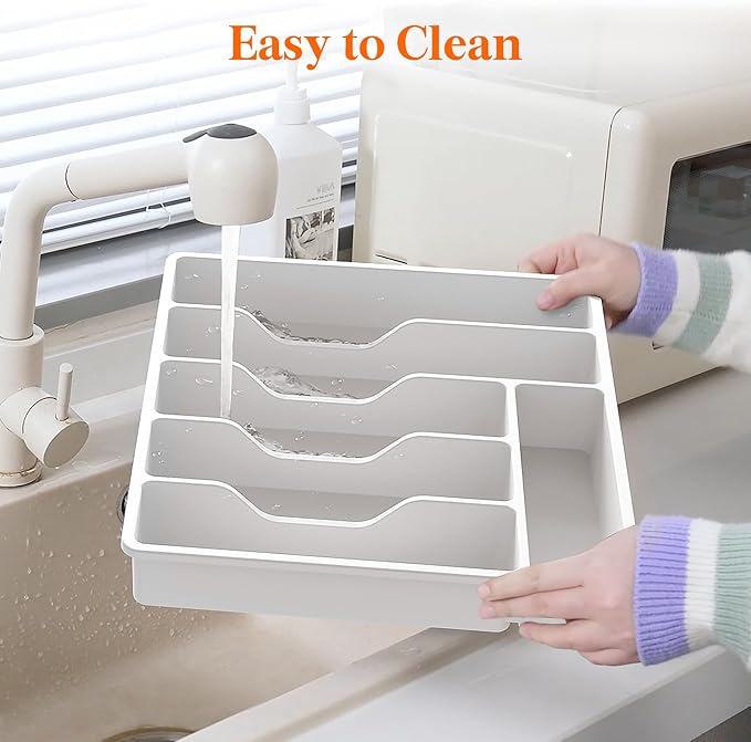 Lifewit Silverware Organizer with Lid, Covered Utensil Tray for Kitchen Drawer and Countertop, Plastic Cutlery and Flatware Storage Box for Spoons Forks Knives Holder Case, 12.6x11.8", White