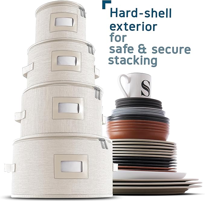 Fine China Storage Containers Hard Shell, 4 Piece Dish Storage Containers, Quilted Plate Containers, Stackable Dish Organizer with Dividers, Dinnerware Storage for Moving and Seasonal Storage, Cream