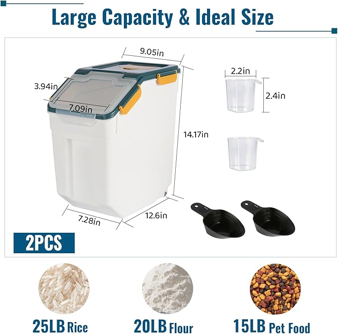 2 Pack Rice Container 25 lbs Large Bulk Flour Sugar Storage Holdhouse Plastic Grain Cereal Dry Goods Bin with Spoon and Measuring Cup for Kitchen Pantry Organization - Blue