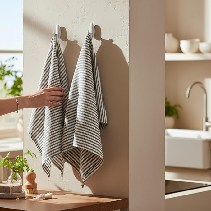 Eight Owls Stonewashed Linen Kitchen Dish Towels - 20 x 27 inch – 100% Pure Linen Tea Towel/Hand Towel - Set of 2 (Charcoal Stripe)