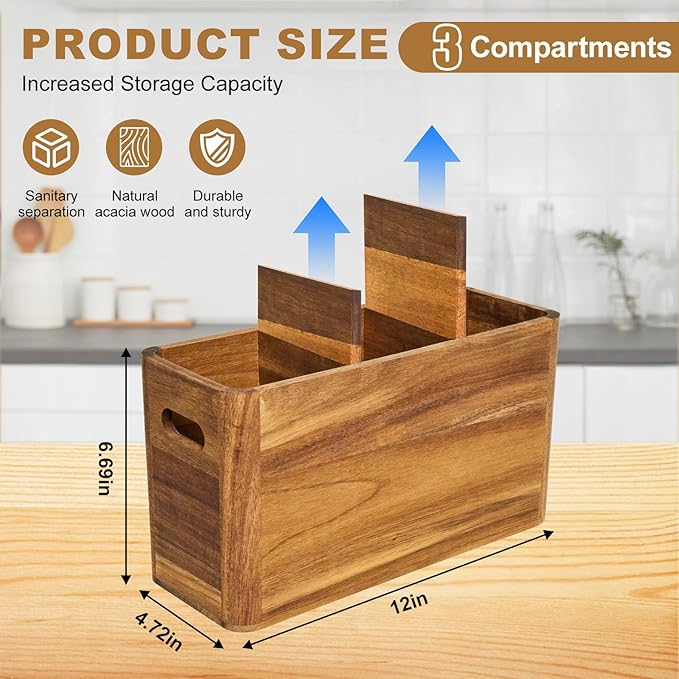 Utensil Holder, Kitchen Utensil Holder, Acacia Wooden Utensil Holder, Kitchen Utensil Holder for Countertop, Large Utensil Holder for Storage Cooking Tools and Silverware with 3 Compartments