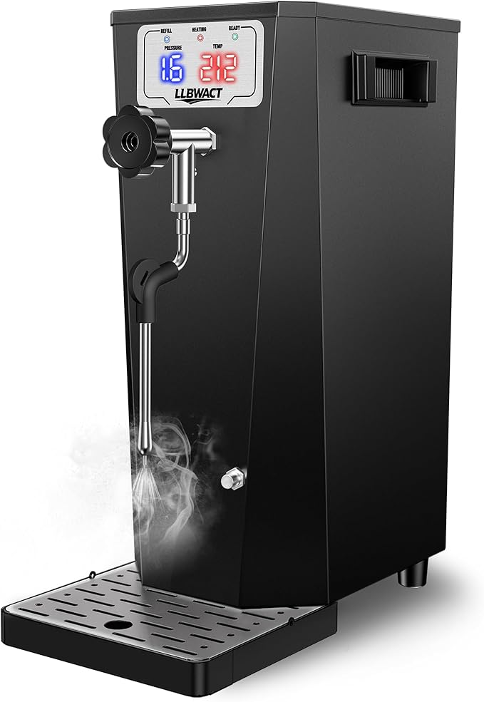 Commercial Steam Milk Frother,1.6Bar 15s Fast Frothing,1500W 6L Boiler for Continuous Use, Temp Probe, Triple Safety, 2-in-1 Hot Water&Steam with LED Display for Coffee Shops,Hotel& Restaurant