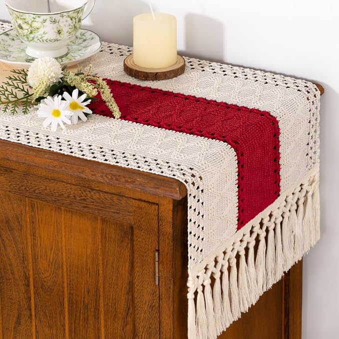 Socomi Boho Table Runner Macrame Long Easter Spring Farmhouse Woven Cotton Linen Rustic Coffee Table Runner with Tassels for Dresser Scarf Home Decor Dining Room 12x108 in Red Ivory