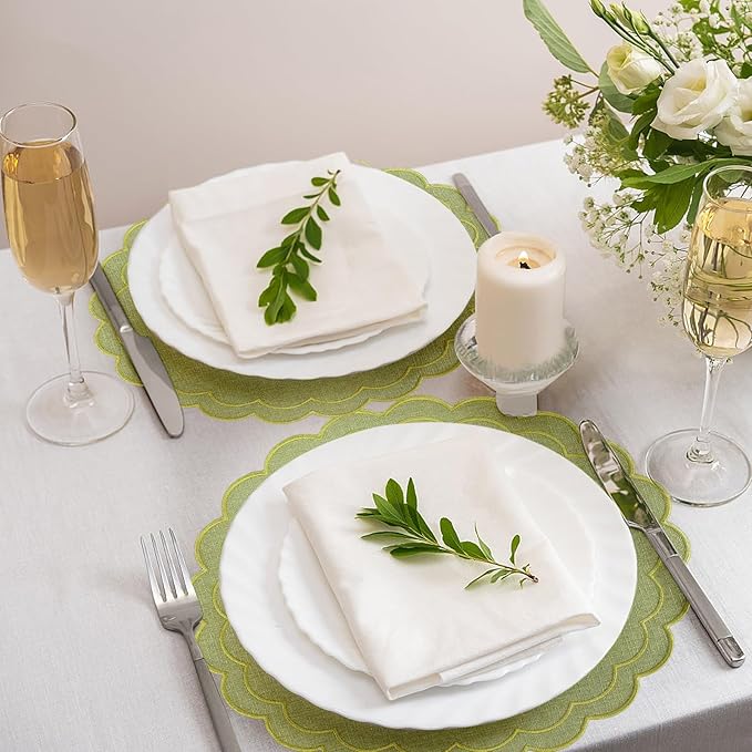 Set of 6 Cotton Linen Placemats, 15" Scalloped Flower Embroidery Cloth Table Mats Double Layered Fabric Machine Washable Wrinkle Free Dining Placemat for Hotel Restaurant Kitchen, Green