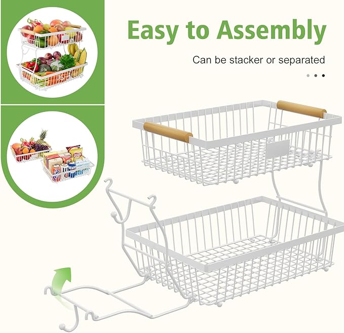 2 Tier Fruit Basket for Kitchen Counter with 2 Banana Hangers, Countertop Metal Bread Basket with Wooden Handle, Large Storage Stand for Vegetables, Snacks, Eggs, Produce Storage – White
