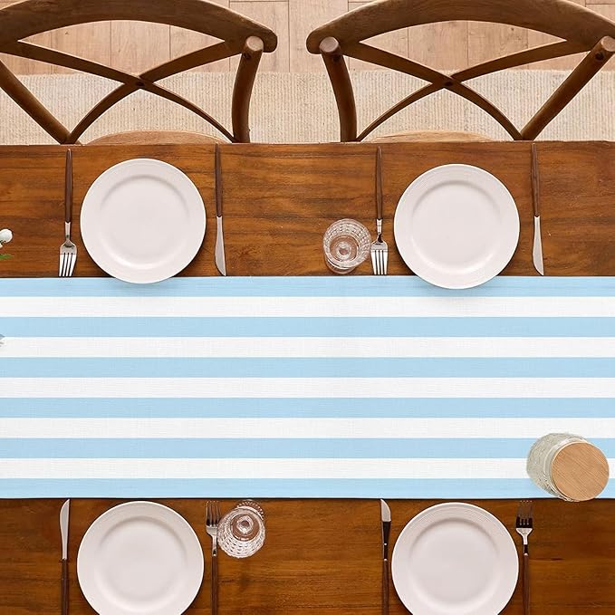 Light Blue and White Cabana Striped Table Runner Coastal Theme Wedding Party Decoration Birthday Baby Shower Dining Room Home Kitchen Table Decor 108In