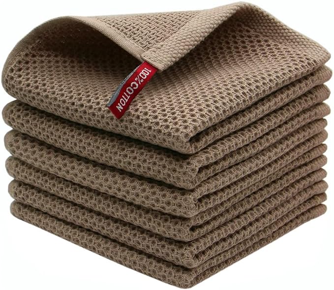 Mia'sDream Natural Cotton Tidy Dish Cloths Rags Waffle Weave Kitchen Towels, Soft and Absorbent Hand Towel Washcloths, 12inchx12inch 6 Pack (Brown)