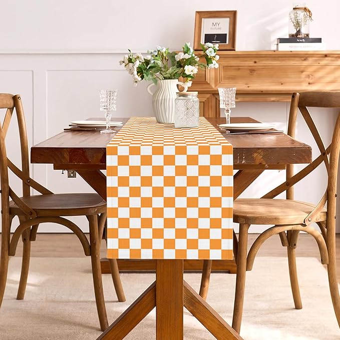 Orange Football Checkered Table Runner Tennessee Fall Thanksgiving Harvest Checkerboard Decoration for Wedding Birthday Bridal Baby Shower Home Party Kitchen Island Decor 13" x 72"