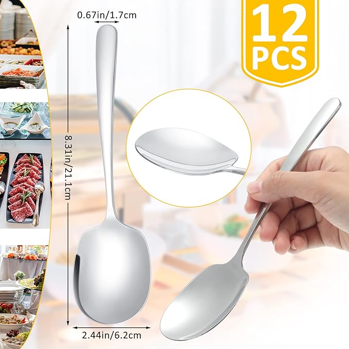 Mimorou 12 Pcs Stainless Steel Serving Spoons Set for Buffet 8.3 Inches Large Serving Utensils Dishwasher Safe Metal Polished Buffet Spoons for Food Cooking Catering Kitchen Banquet Restaurant Gifts