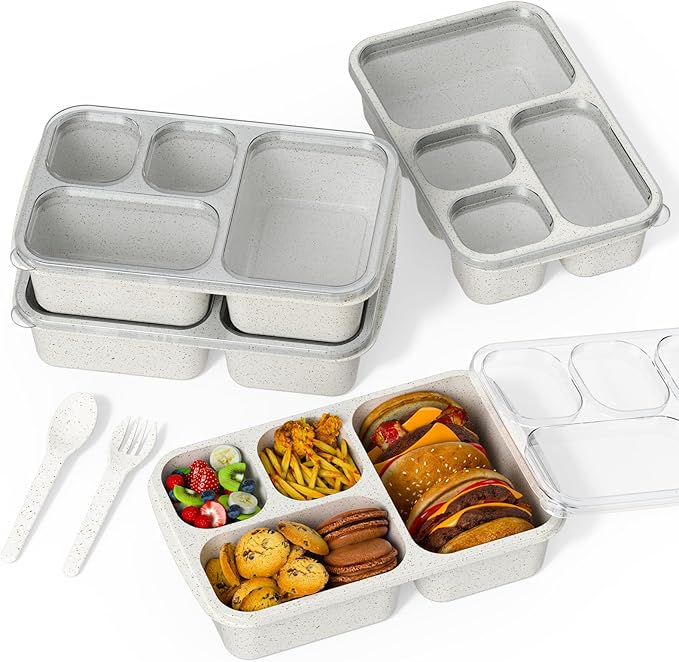 Bento Box 4-Pack 5-Compartment Meal Prep Containers, BPA-Free Plastic, Stackable Food Storage Lunch Boxes for Adults and Kids, School Work Travel (Off White)