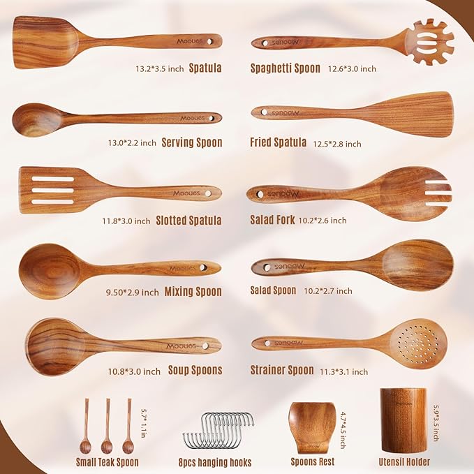 15Piece Wooden Spoons for Cooking Natural Teak Wooden Kitchen Utensils Set Comfort Grip