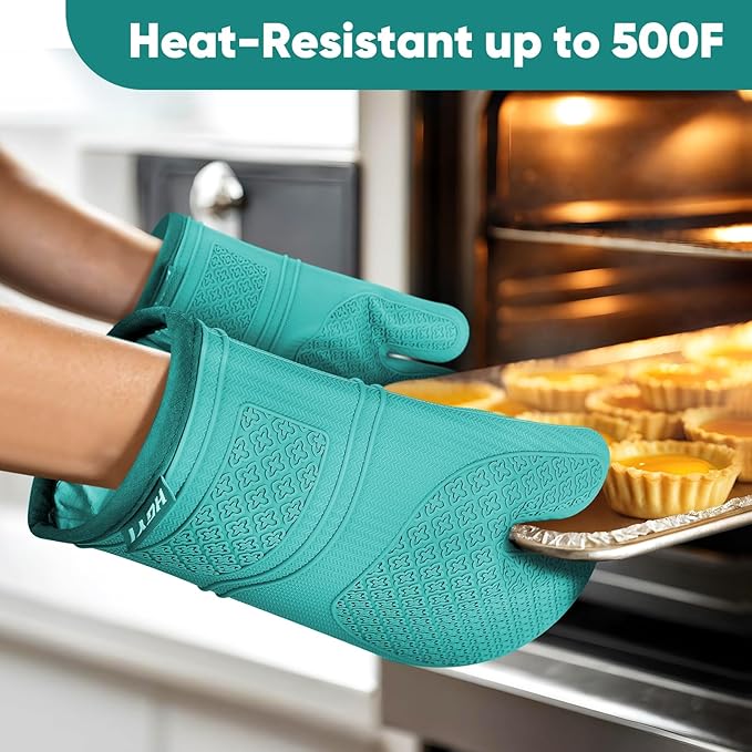 Silicone Oven Mitts, Heat Resistant Oven Gloves with Quilted Liner, Waterproof & Non-Slip Kitchen Mittens for Baking Cooking BBQ, 500°F, 12.5"-Aqua Sky