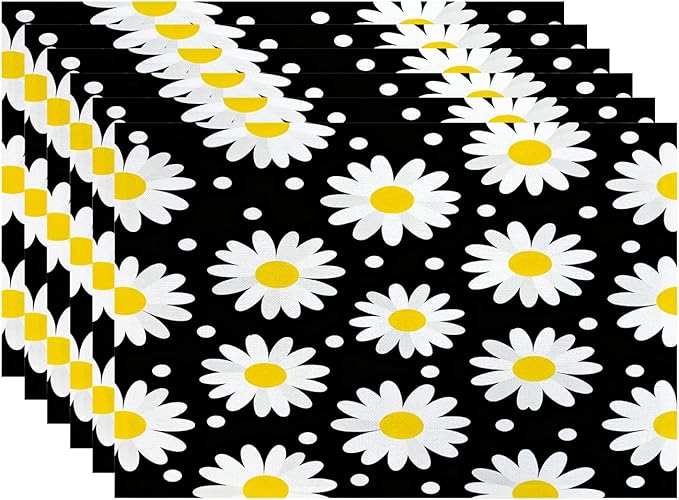 Batmerry Daisy Black White Placemats, Texture Circle Doodle Tiny Flowers Beauty Washable Linen Table Mats for Kitchen Table Double Insulation Decor Dining Set Indoor Outdoor 12X18 in Set of 6
