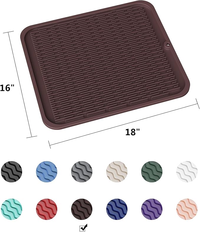 ZLR Large Silicone Dish Drying Mat (16" x 18") - XL Heavy Duty Drainboard Mat for Pots, Pans & Family Loads - Heat Resistant Trivet & Counter Protector, Easy Clean (Coffee)