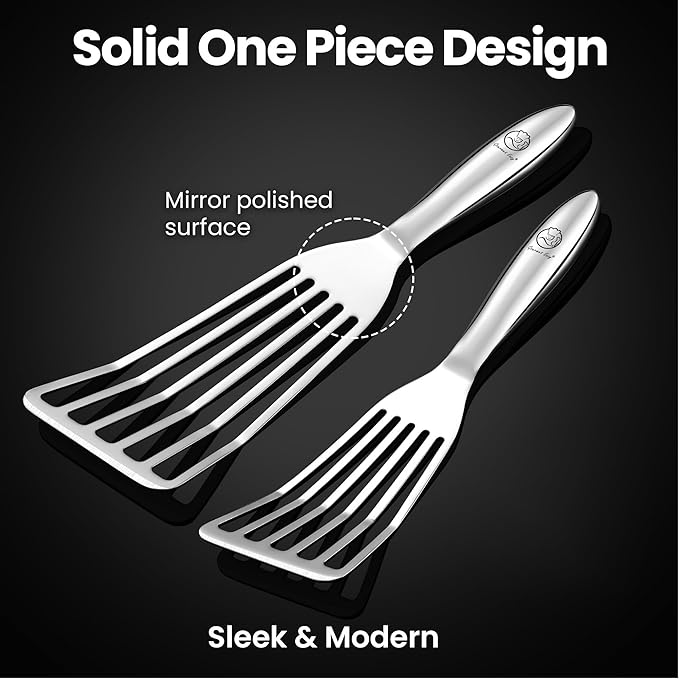 Stainless Steel Fish Spatula Set – 1 Large Fish Turner + 1 Small Metal Spatula, Ultra Thin Edge for Easy Turning & Flipping, Metal Kitchen Untensils with Ergonomic Non-Slip Handle, Dishwasher Safe