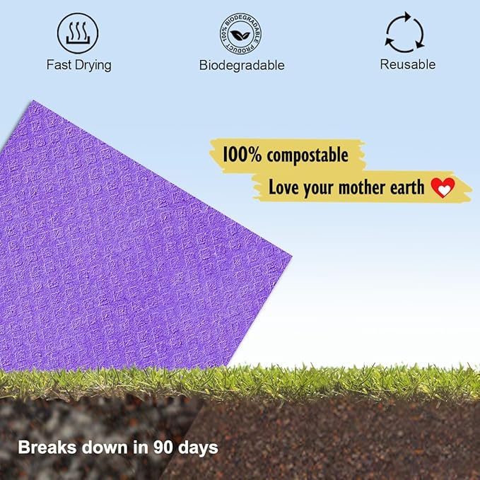 MoLKENE Swedish Dishcloths - 10 Pack Reusable Kitchen Dishcloths - Ultra Absorbent Dish Towels for Washing Dishes - Cellulose Sponge Cloth Cleaning Cloths - Purple