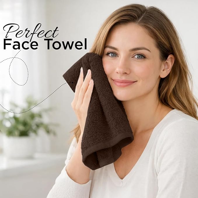 DAN RIVER 12-Pack Premium 100% Cotton Brown Face Towels for Bathroom - Reusable Face Wash Cloths for Showering 12x12 Inches - 550 GSM Super Soft & Absorbent Luxury WashCloths for Body, Spa & Gym