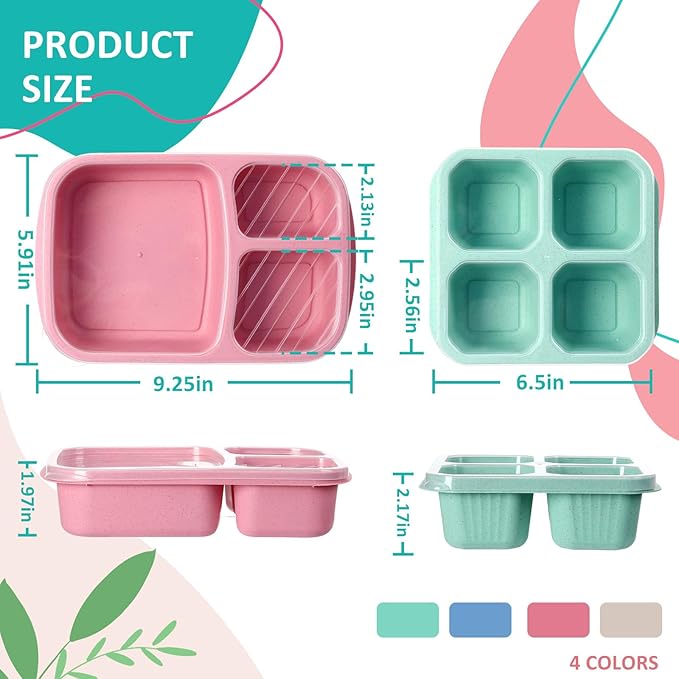 Yaomiao 16 Pack 3 and 4 Compartment Bento Lunch Box Wheat Straw Divided Snack Containers Food Storage Plastic Reusable Meal Prep Container with Transparent Lids for Adults Work Travel, Blue Pink