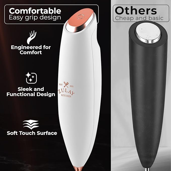 Zulay Kitchen Patented Tornado Triple Whisk Milk Frother with 4 Duracell Batteries – Handheld Foam Maker for Coffee, Lattes, Matcha & Hot Chocolate – Rich, Creamy Froth in Seconds - Gold Rose