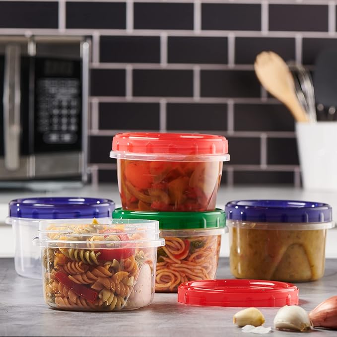 ELEGANT DISPOSABLES Twist Top Food Storage Containers 16 oz 24 Pack Plastic Freezer Storage Containers Leakproof Reusable with Screw on Colored Lids