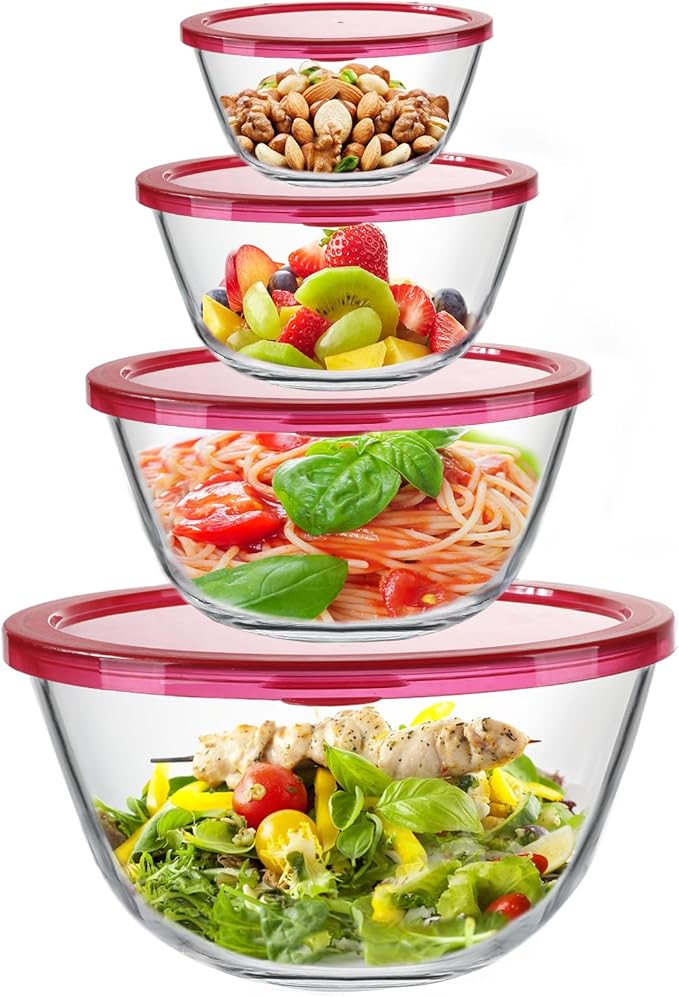 KOMUEE 4 Pack Glass Mixing Bowls Set with Lids (4.8QT, 2.9QT, 1.7QT, 0.8QT), Glass Nesting Bowls for Kitchen Baking, Cooking and Serving, Oven, Dishwasher, Freezer, and Microwave Safe