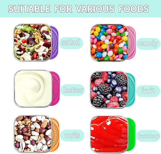 HTEVW 6Pack 6oz Stainless Steel Snack Containers for Kids, Easy Open Leak Proof Metal Toddler Snack Containers with Silicone Lids, Stackable Metal Toddler Lunch Box for Daycare, School and Travel